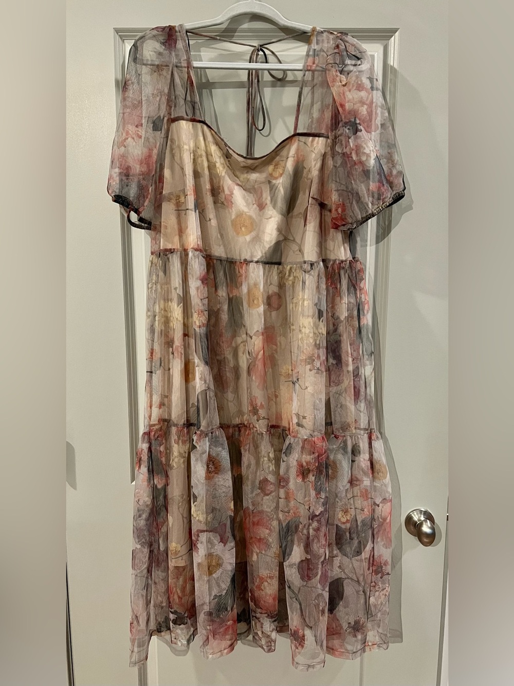 H&M Floral Tiered Chiffon Dress in Cream and Pink